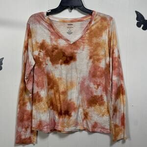 Sonoma Womens Everyday T-Shirt Large Orange Tie Dye Long Sleeve V Neck Pullover